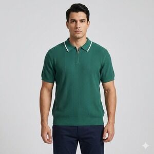 PJ Paul Jones Knit Polo Shirt Quarter Zip Ribbed Short Sleeve Green Mens 2XL EUC